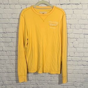 Hollister Mens Y2K Long Sleeve Crewneck Top Yellow 90s Size XL Thermal Logo